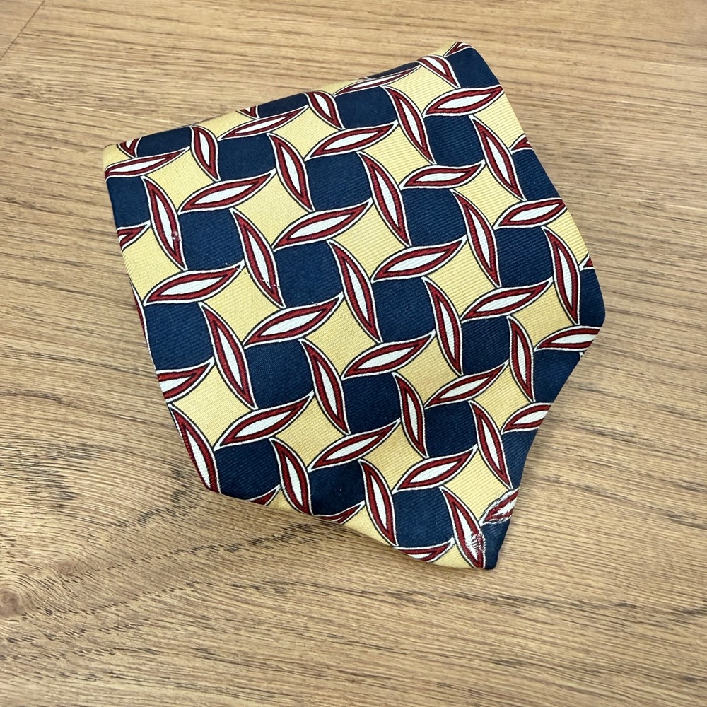 Gitman Bros Silk Tie Navy Yellow Geometric Leaf Handmade USA Beecroft & Bull
